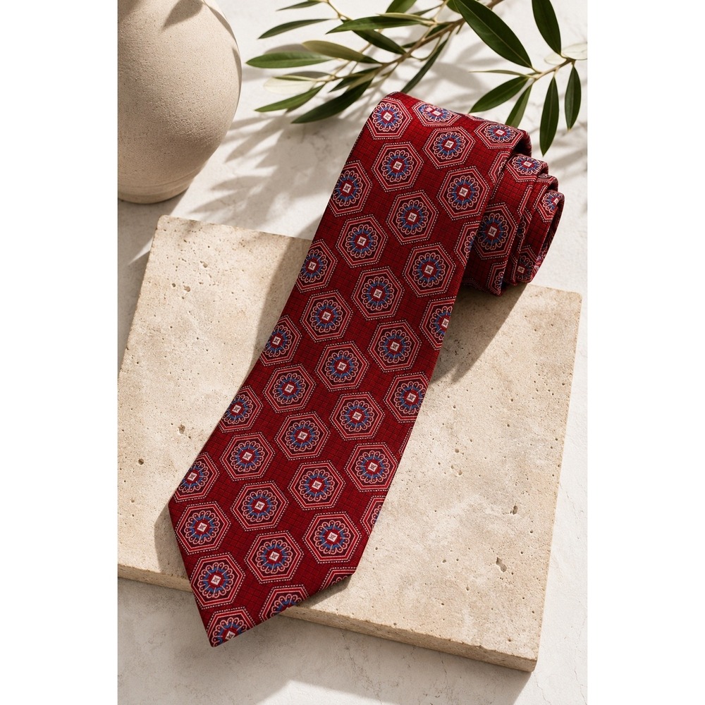 Nordstrom Mens Shop Red Silk Geometric Medallion Necktie Classic Formal Tie